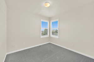 Corner windows with plantation shutters, light-toned walls, and grey carpeting