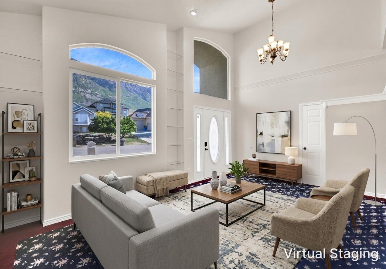 Grand living room featuring an arched transom window, high ceilings, crown molding, and a prominent chandelier