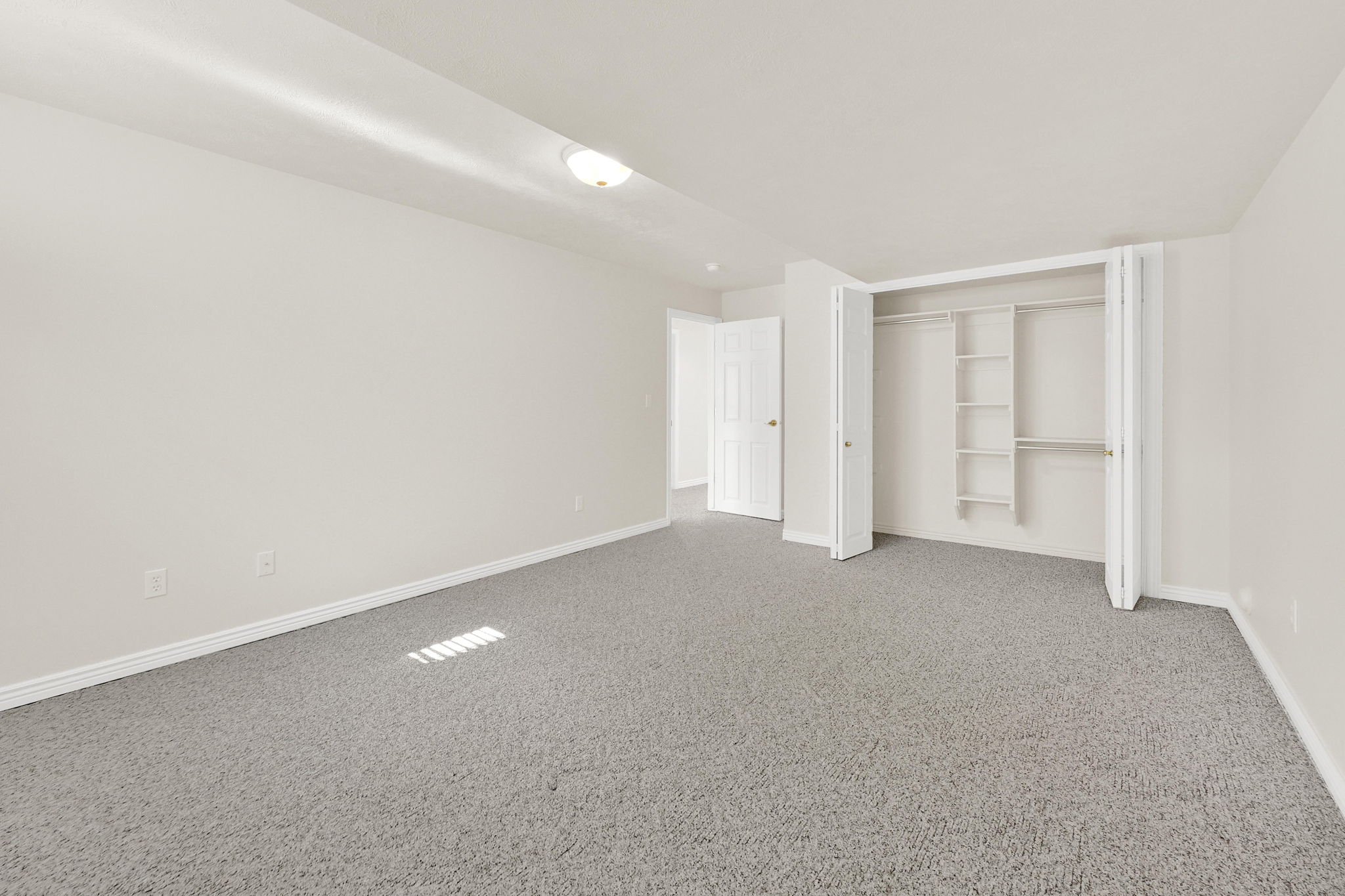 Spacious room featuring light gray carpeting, white walls, white baseboards, and a built-in closet with shelving and hanging rods