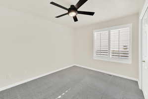 Light-filled room featuring a ceiling fan with light fixture, neutral carpeting, and a window with plantation shutters
