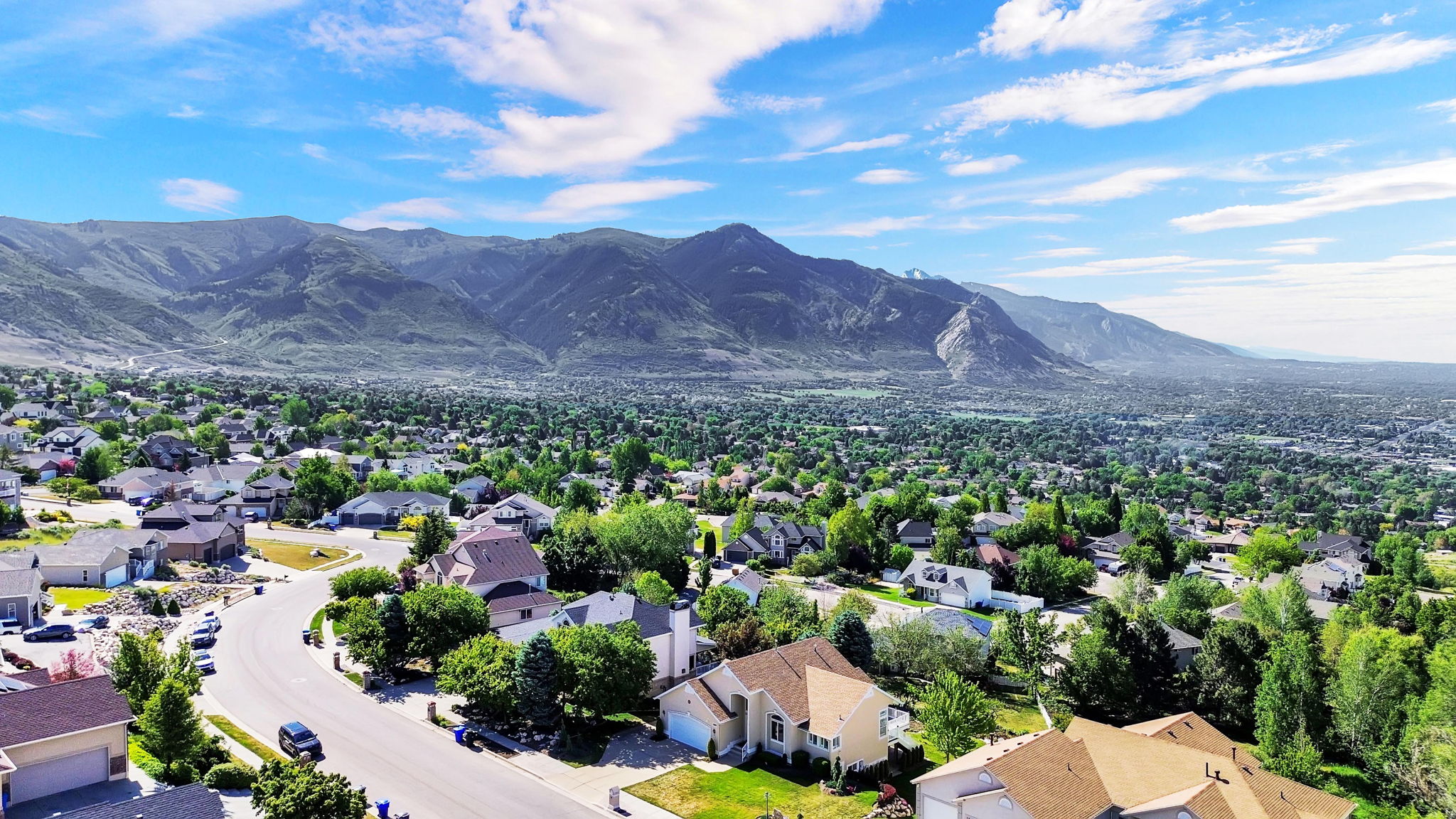 Expansive residential area featuring numerous single-family homes with diverse architectural styles, mature landscaping, and winding streets