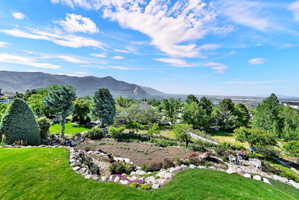 Expansive hillside property featuring a tiered yard with manicured lawns, mature trees, and landscaping elements