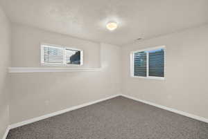 Spacious room featuring neutral paint, gray textured carpet, and white baseboards