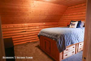 Interior space featuring wood-paneled walls and ceiling, wall-to-wall carpeting, and a built-in bed frame with integrated drawers
