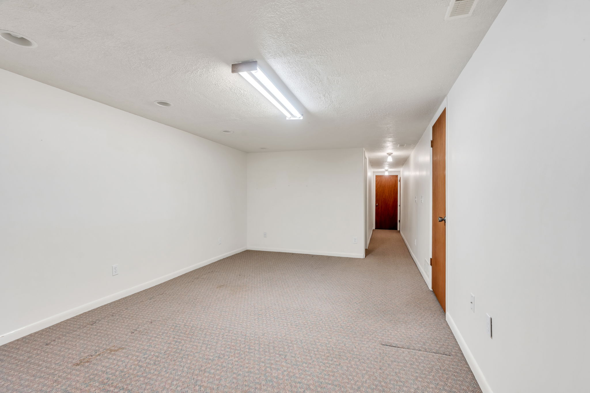 Spacious room featuring carpeted flooring, white walls, and fluorescent ceiling lighting