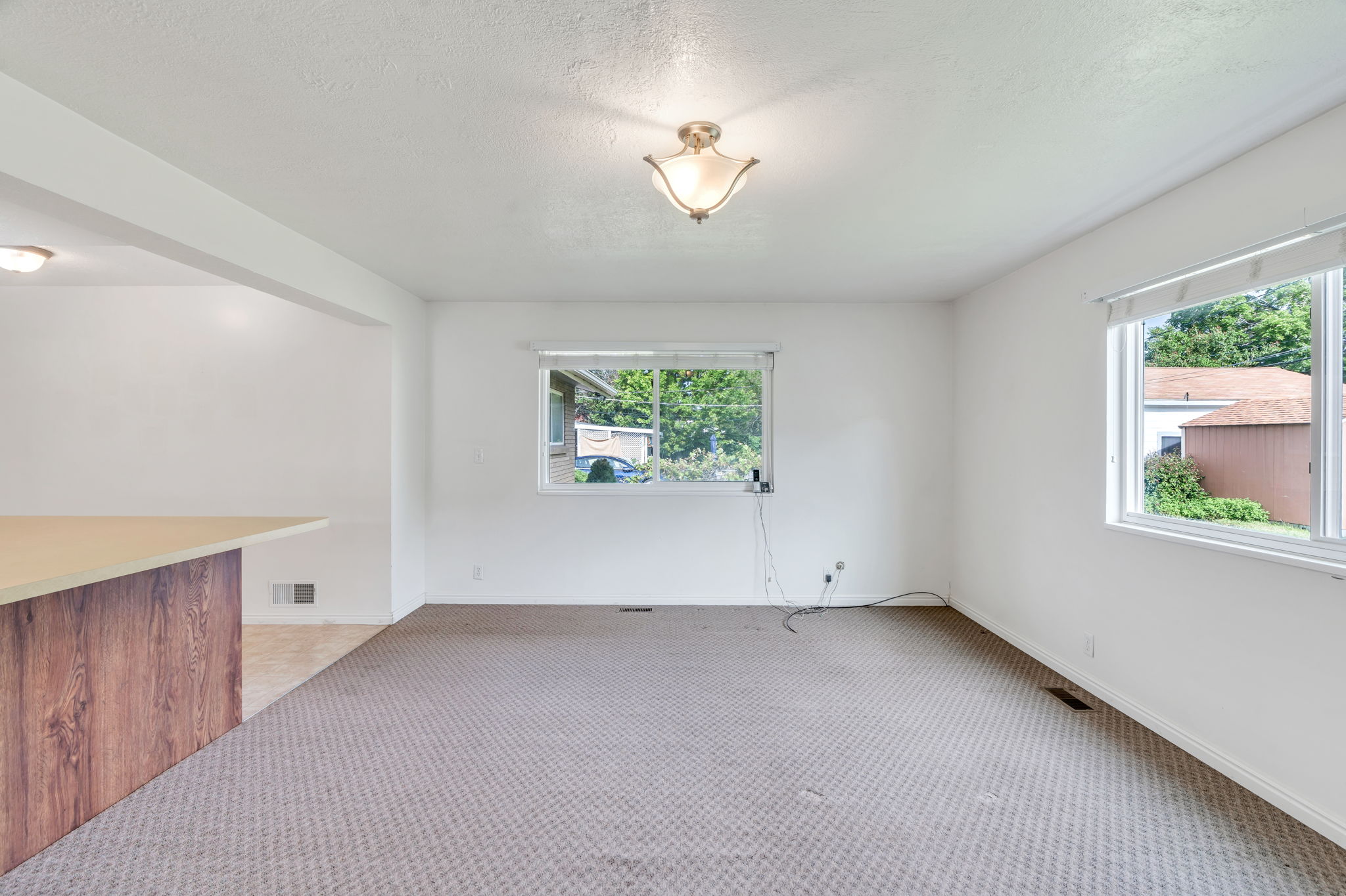 Bright room featuring multiple windows, a neutral carpeted floor, white walls, and a ceiling-mounted light fixture