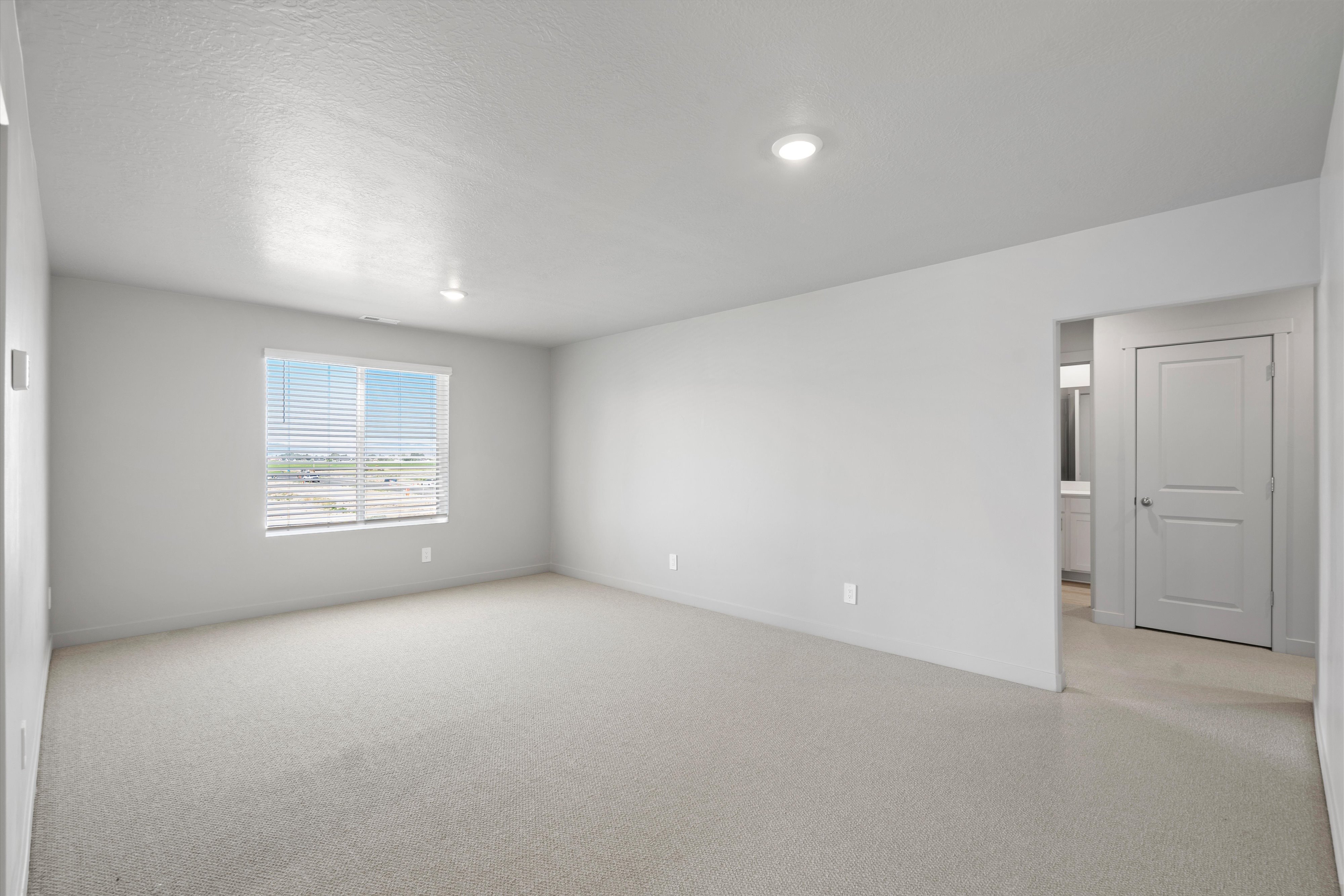 Spacious room featuring light-colored carpeting, a large window with blinds, recessed ceiling lighting, and a white paneled door