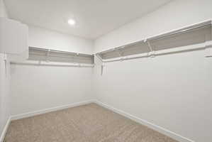 **Disclaimer**  Interior package may vary. Walk-in closet featuring light beige carpet flooring and white walls