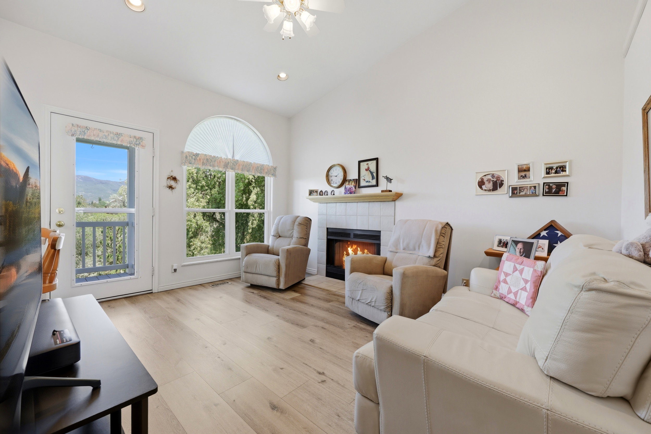Living area featuring a vaulted ceiling and light wood-finish flooring