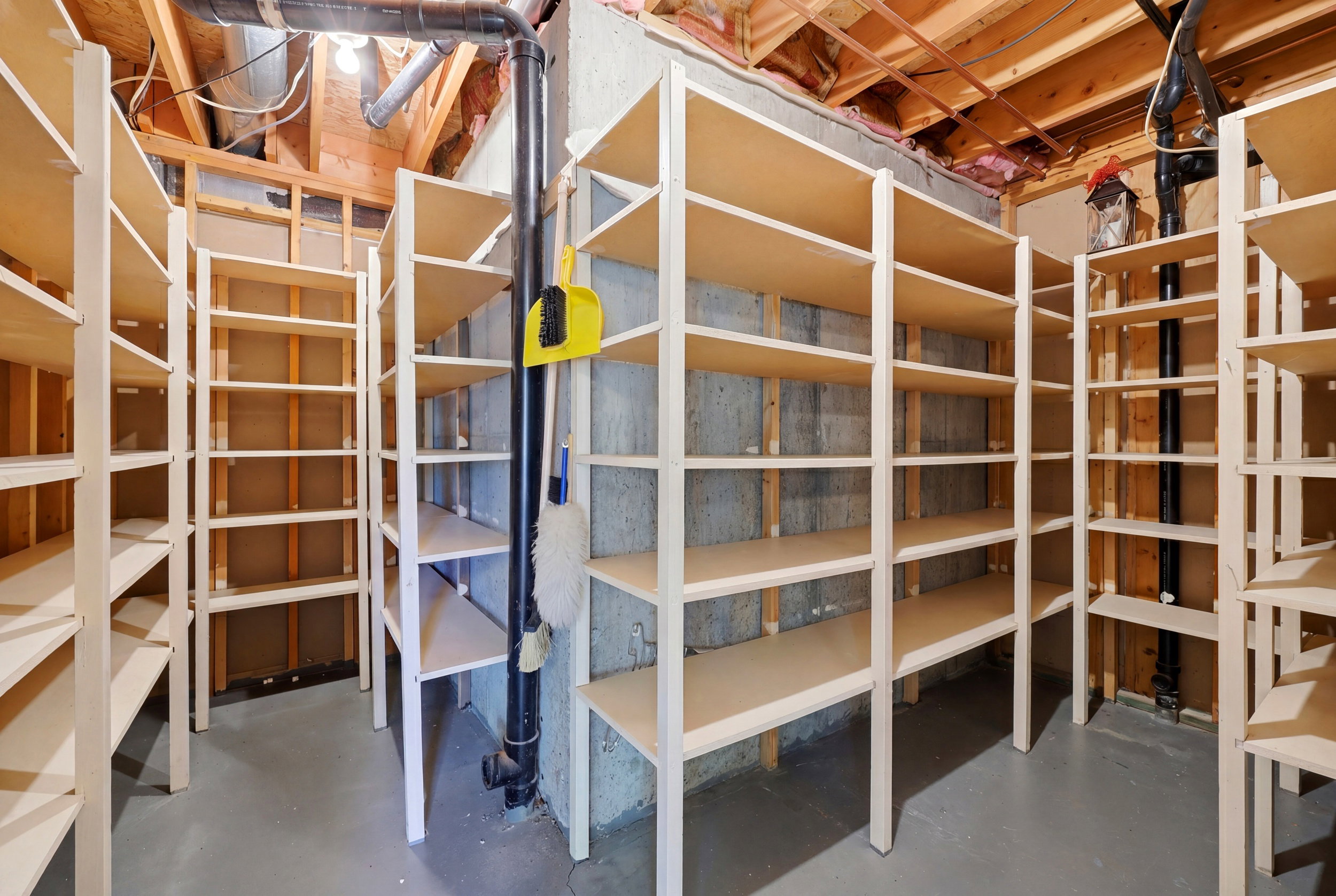 Extensive built-in shelving providing abundant storage capacity