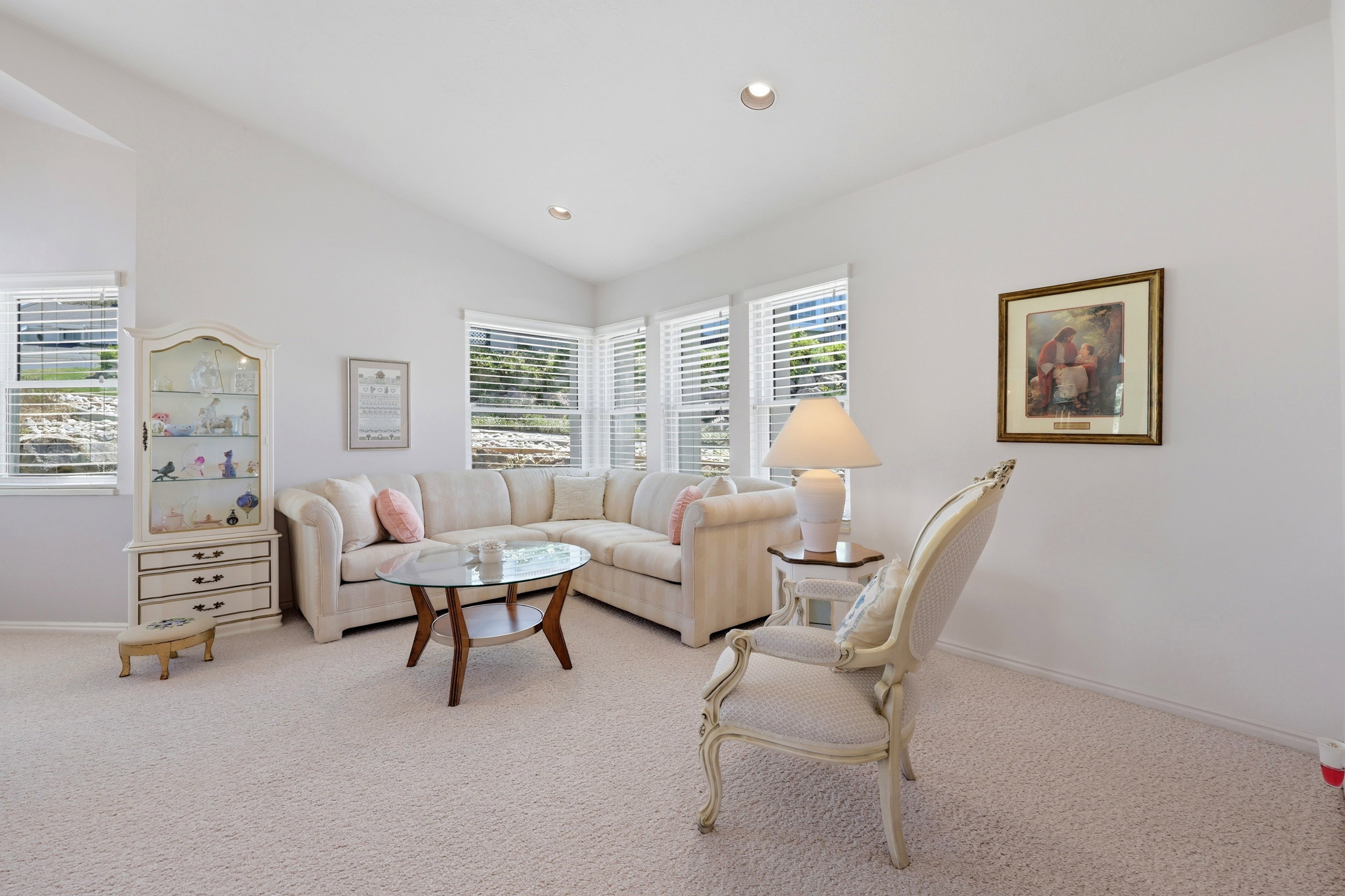 Angled ceiling with recessed lighting