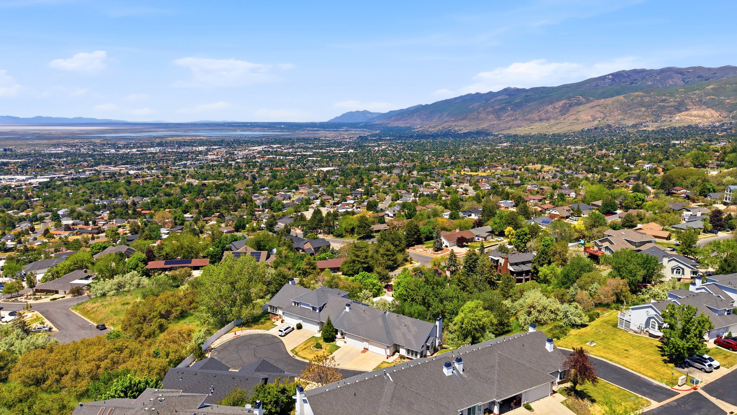 Expansive aerial perspective showcasing a residential area with varied rooflines and established landscaping