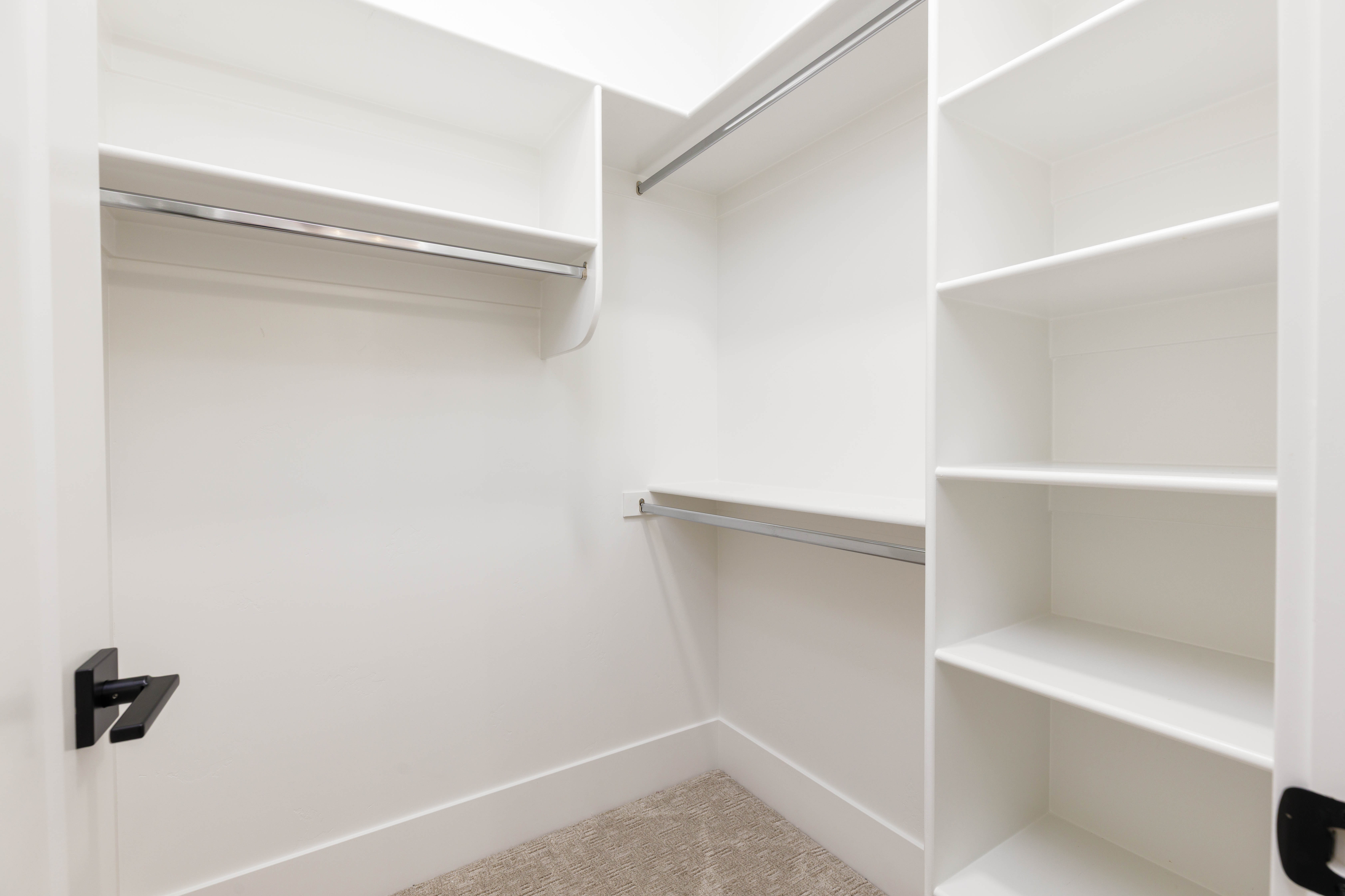 Walk-in closet featuring built-in shelving, chrome hanging rods, white trim, and light-toned carpet flooring