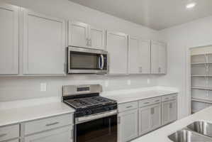 Modern kitchen featuring light gray cabinetry, stainless steel appliances, white countertops, and a full pantry