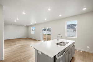 Open-concept living area featuring a kitchen island with dual sinks, light wood-finish flooring, and recessed ceiling lighting