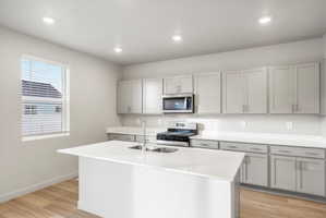 Modern kitchen featuring an island with an undermount double-basin sink, light-toned cabinetry, light countertops, and wood-finish flooring