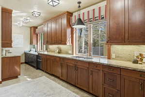 Kitchen featuring extensive wood cabinetry, light-toned countertops with a matching backsplash, and a double basin sink under a window