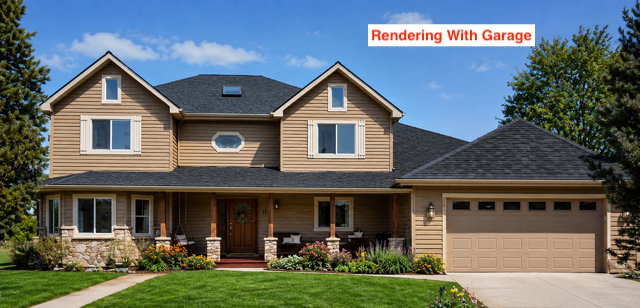 Two-story residence featuring tan horizontal siding, stone accents, a dark asphalt shingle roof, a covered front porch with wood-wrapped columns, and an attached two-car garage