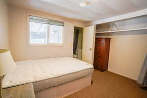 Room featuring a single window, carpet flooring, and a built-in closet with a shelf