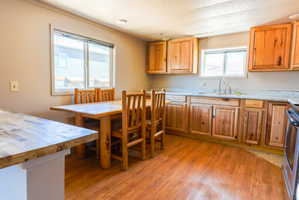 Kitchen featuring wood-finish flooring, natural wood cabinetry, light-toned countertops, and a stainless steel sink with a high-arc faucet