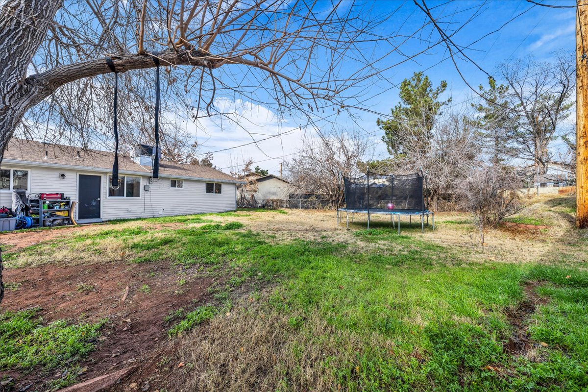 Expansive backyard featuring a partial grass lawn and established trees