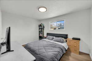 Bedroom featuring wood-finish flooring, a contemporary flush-mount ceiling light, white walls, a single window with white trim, and white baseboards
