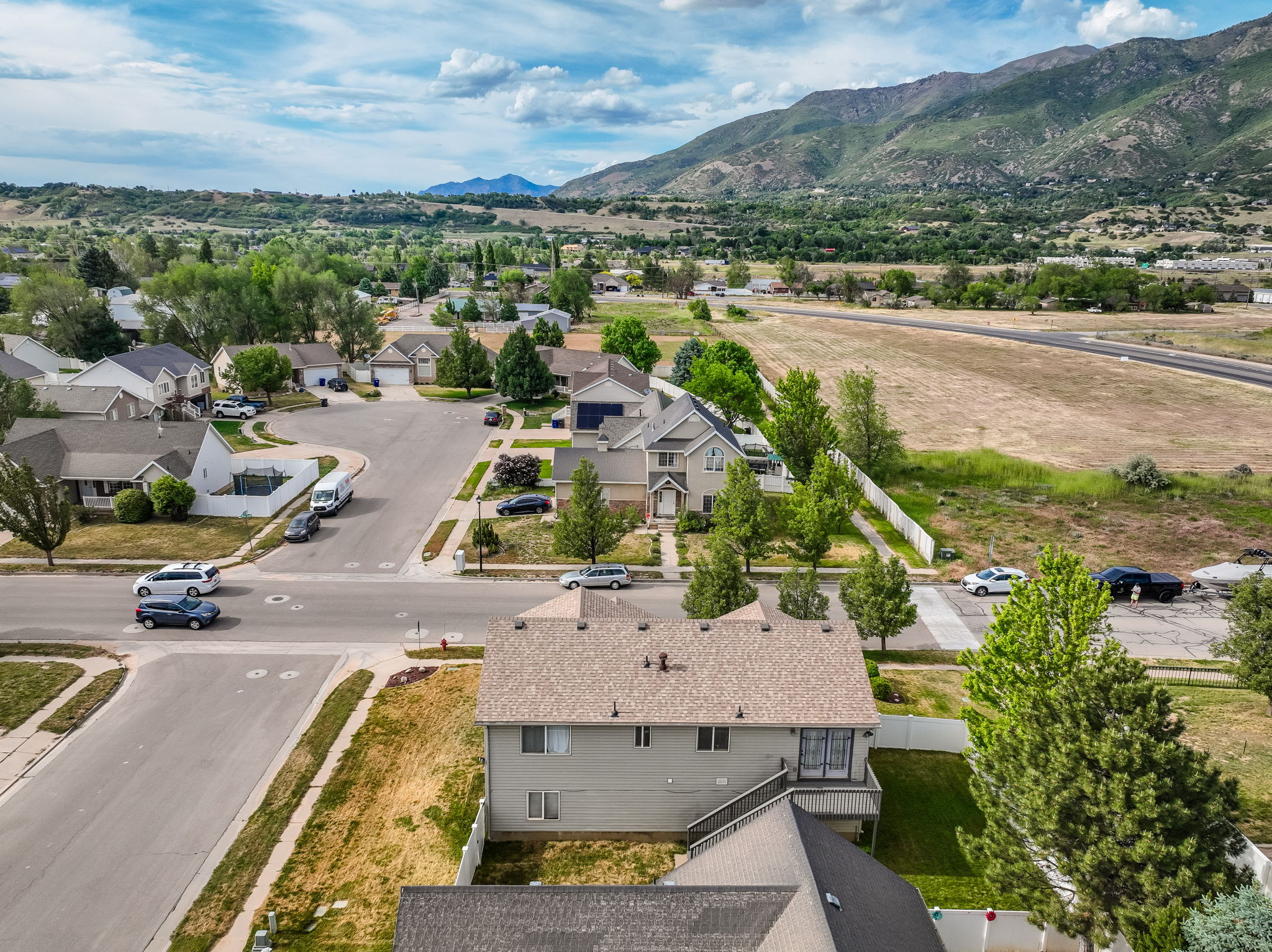 Residential area featuring a paved street, established homes, and green landscaping