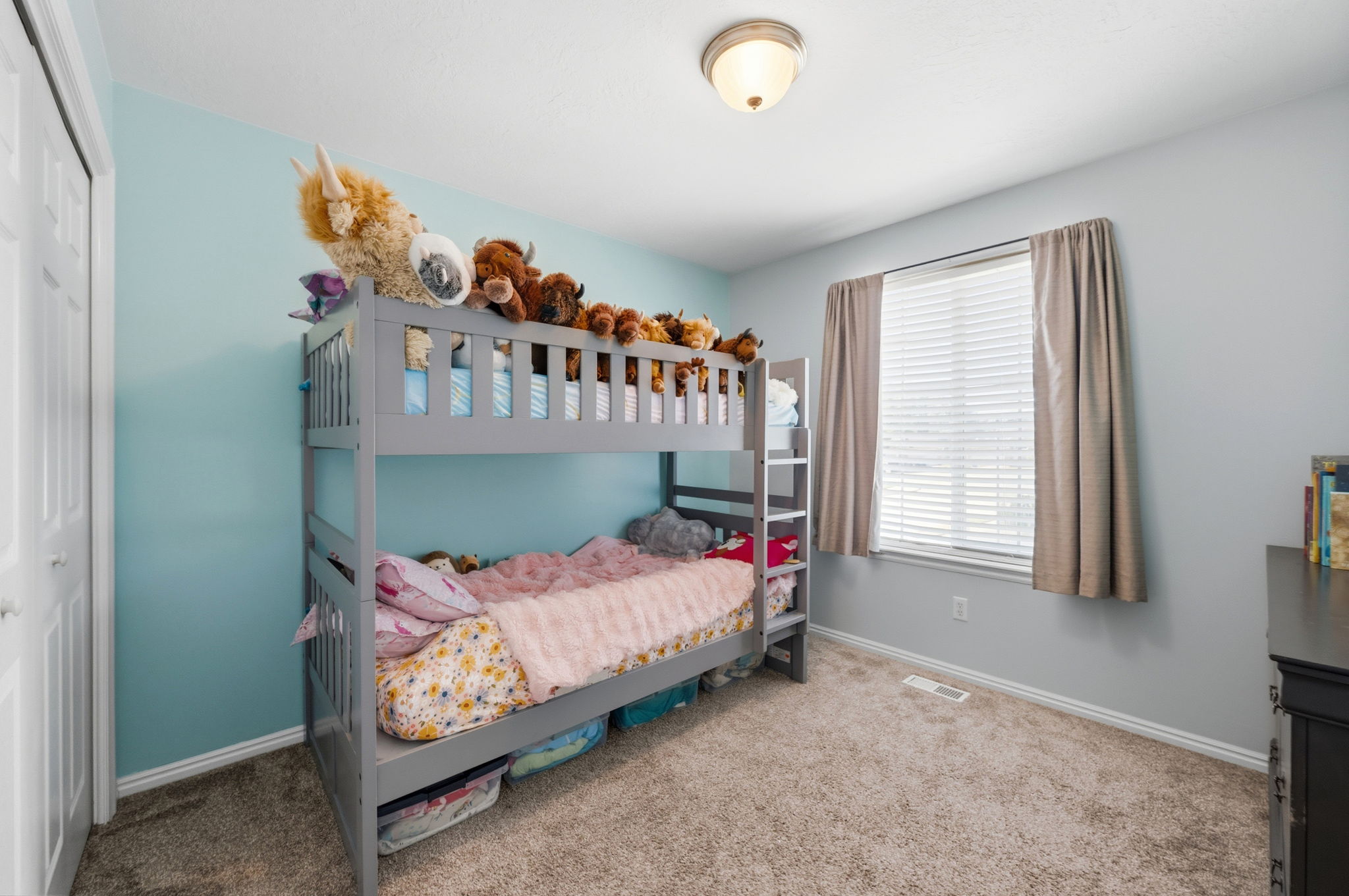 Carpeted room featuring a double bi-fold door closet, a window with blinds and drapes, and a flush mount ceiling light fixture
