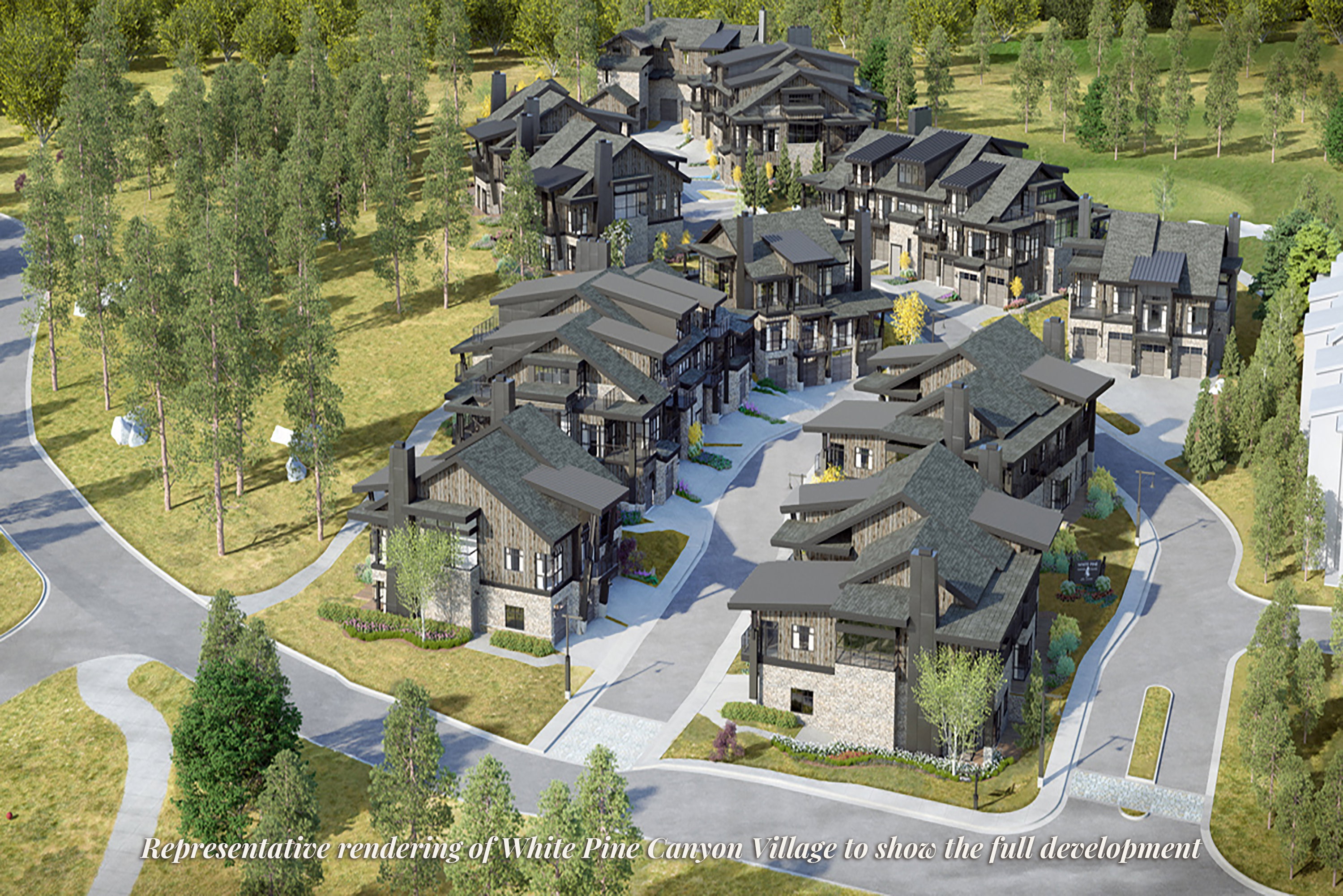Contemporary mountain community featuring multiple residences with stone and wood-finish exteriors