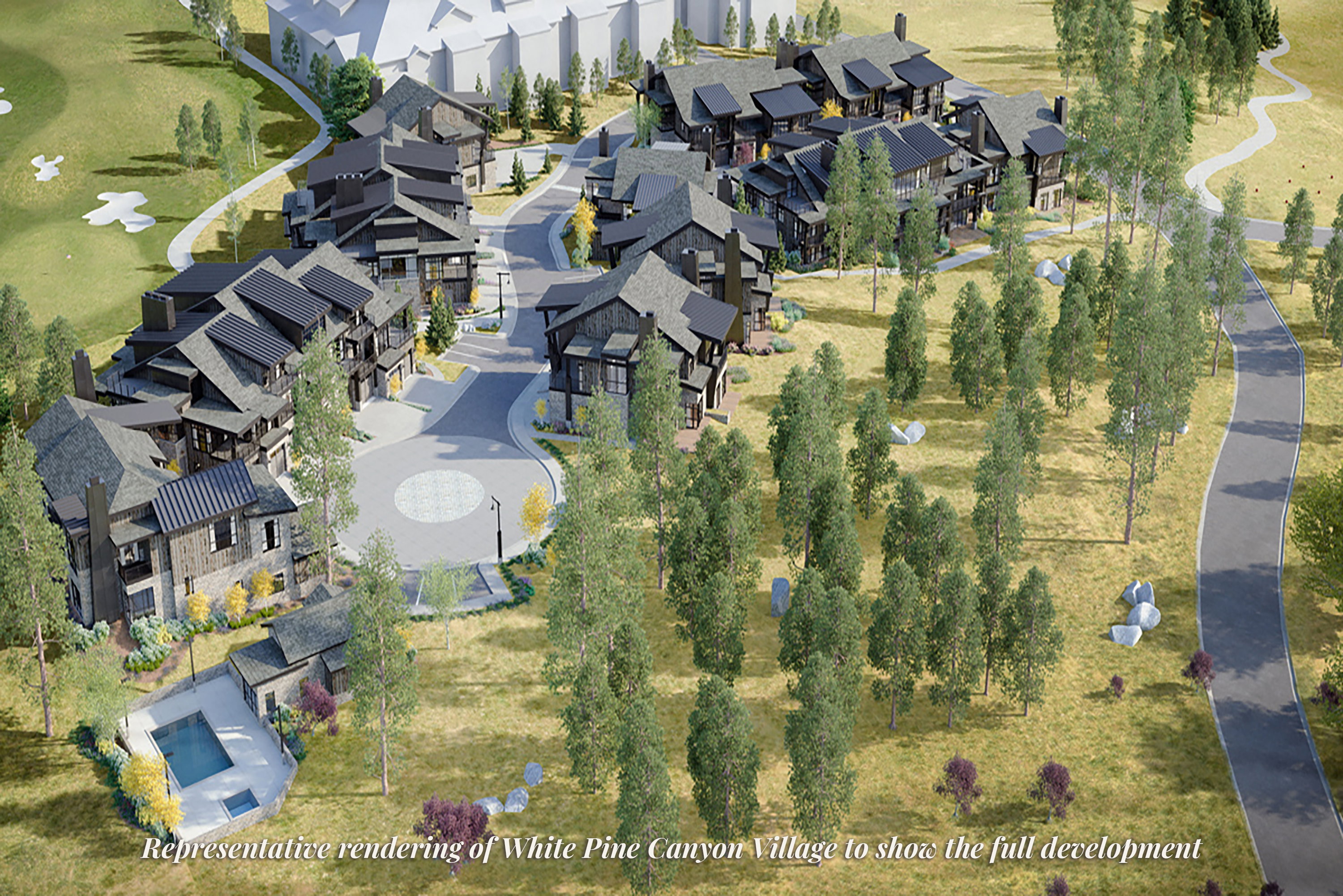 Aerial rendering showcasing a residential community with multiple multi-story homes featuring dark-toned siding and steep-pitched roofs