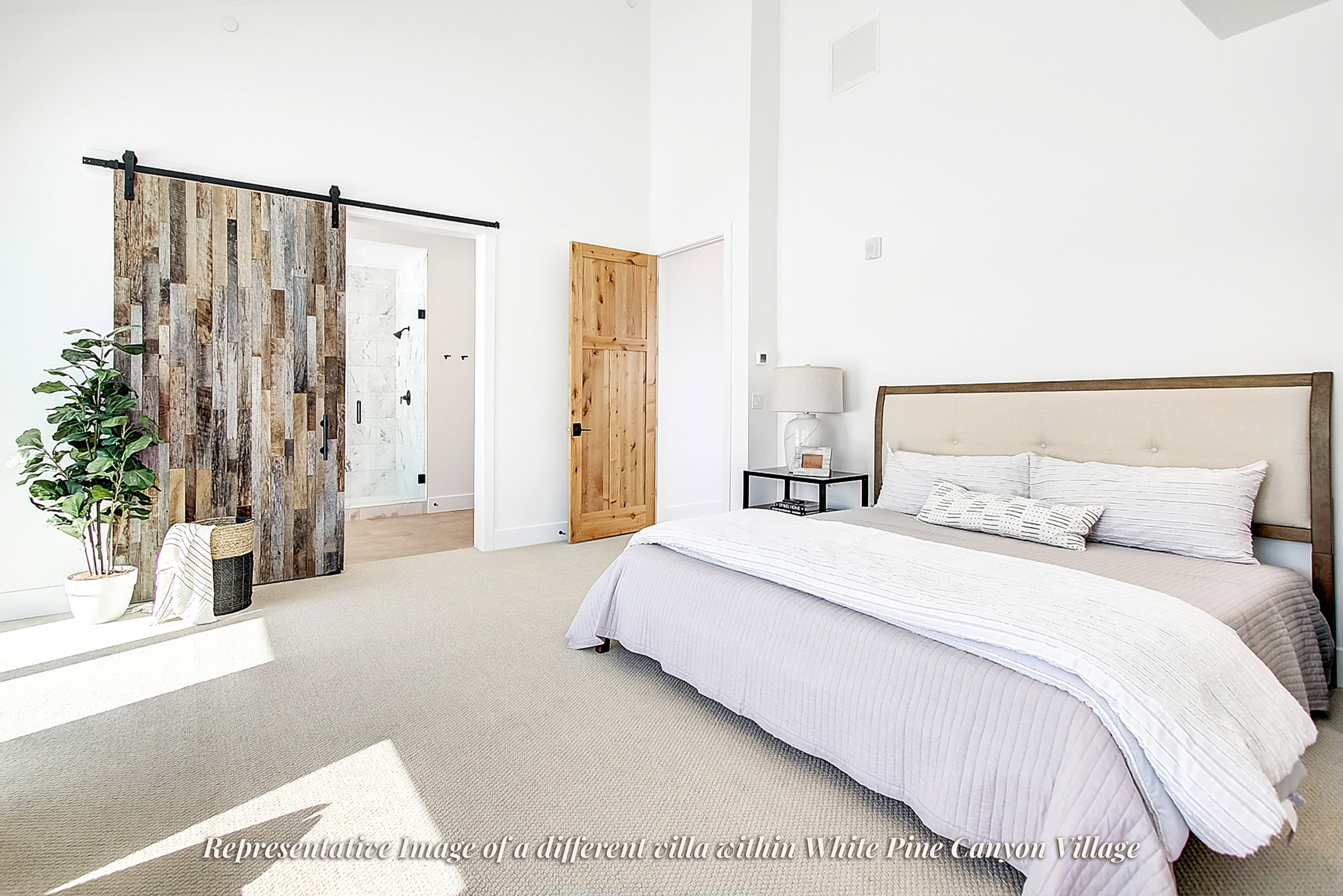 Vaulted ceiling bedroom with light-toned carpeting and white walls