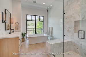Contemporary bathroom featuring a freestanding soaking tub, expansive window with black framing, wood-finish flooring, a double vanity with stone countertops, and a glass-enclosed shower with a built-in bench