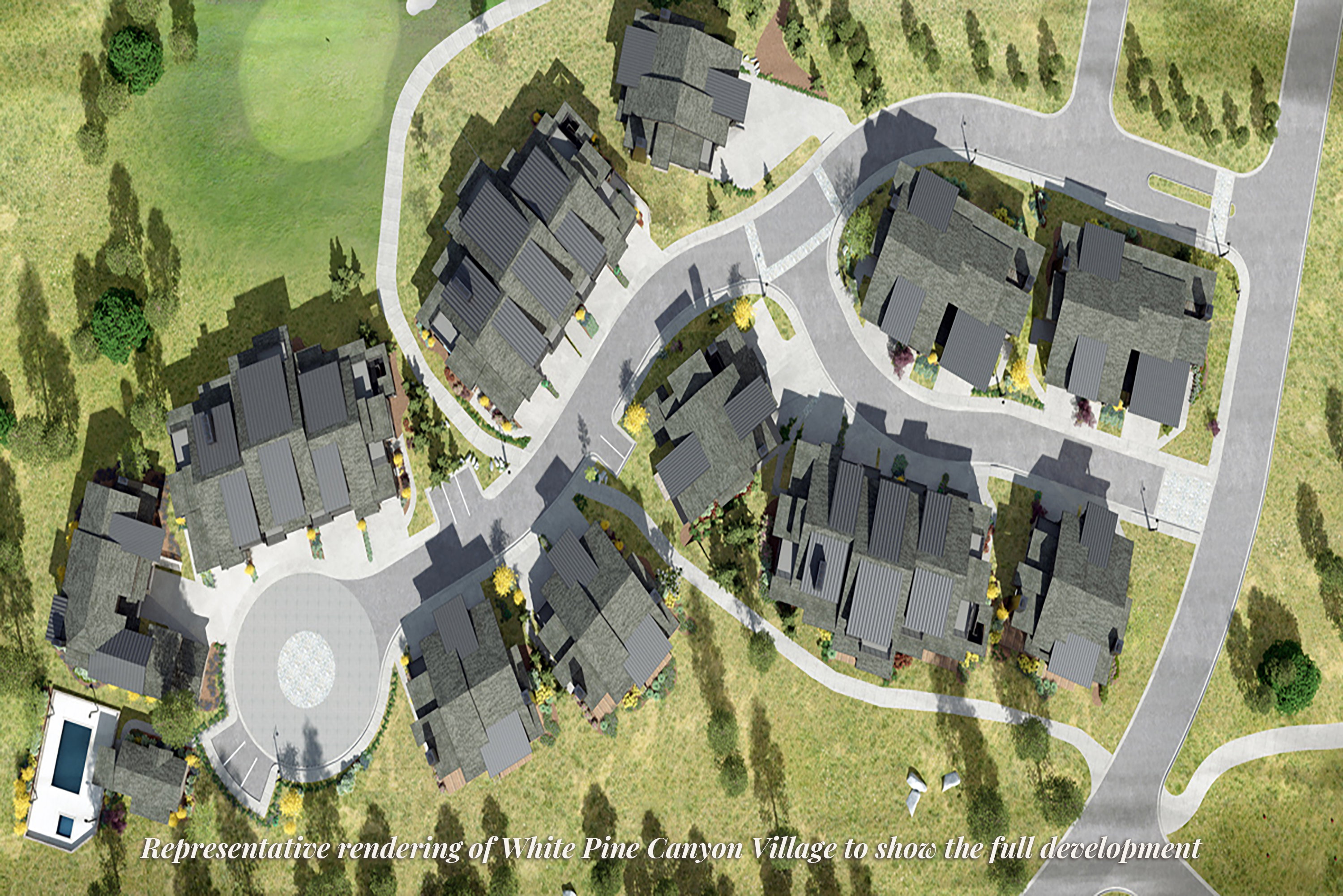 Aerial rendering showcasing a residential development with multiple structures, paved roads, and green spaces