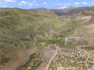 Expansive mountain landscape featuring varied terrain with a winding natural path