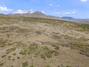 Expansive mountain landscape featuring varied terrain, a natural water feature, and a distant snow-capped mountain range under a clear blue sky