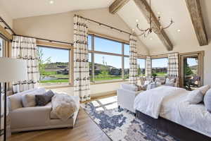 Vaulted ceiling with exposed wood beams