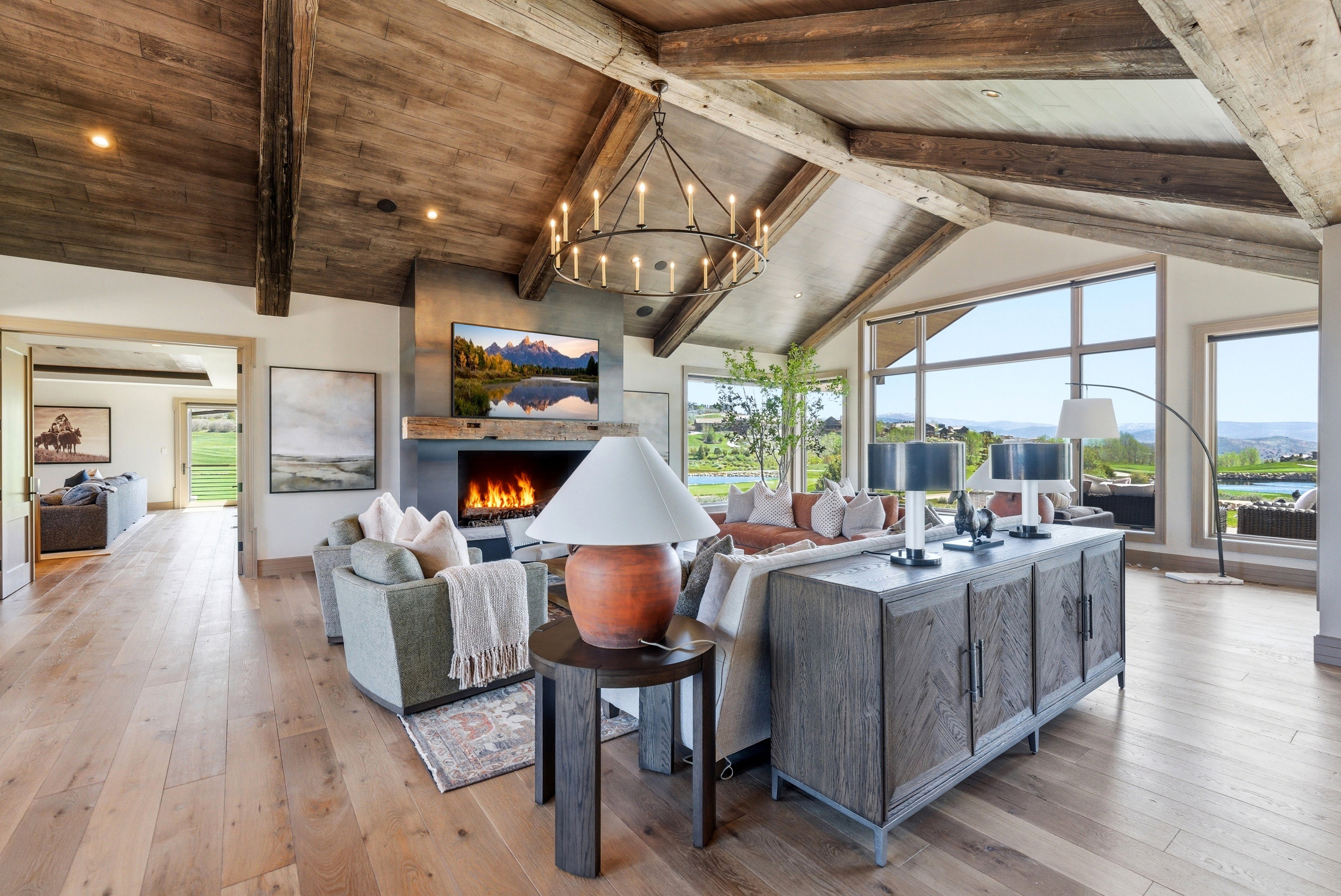 Vaulted wood-paneled ceiling with exposed beams