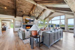 Vaulted wood-paneled ceiling with exposed beams