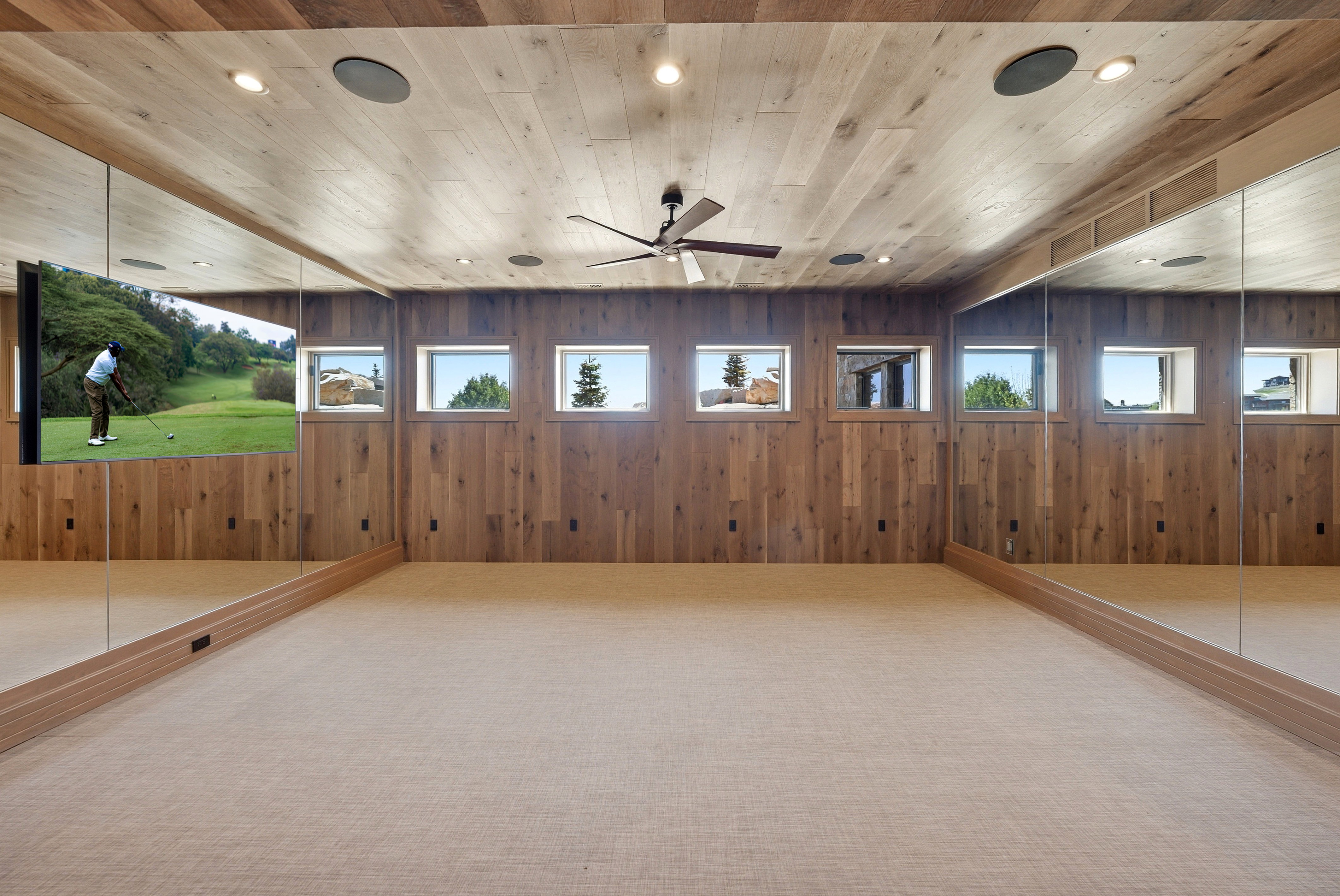 Wood-paneled room featuring a beige carpeted floor and an integrated wall-mounted television