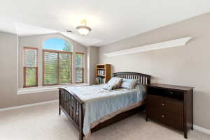 Arched and rectangular windows with wood blinds, providing exterior views