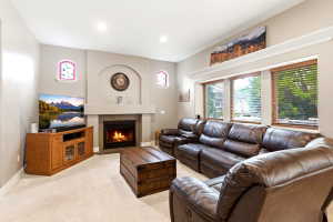 Living area featuring a gas fireplace with a stone surround, a mantelpiece, and an arched niche