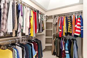 Walk-in closet featuring multiple hanging rods, built-in shelving, and neutral carpeting