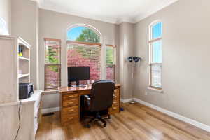 Bright room featuring wood-finish flooring, tall ceilings with crown molding, and multiple windows with arched transom details