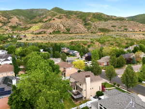 Residential neighborhood with mature trees, surrounded by arid mountains