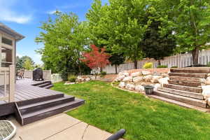 Expansive backyard featuring a composite deck with steps, a manicured lawn, and mature trees