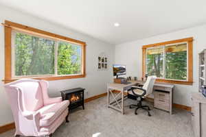 Room featuring light gray carpeting, crisp white walls, and substantial wood window trim