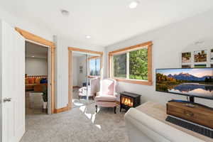 Carpeted interior space featuring white walls and natural wood trim accents