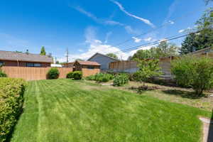 Expansive green lawn with a wooden privacy fence, and featuring a garden shed and mature plantings