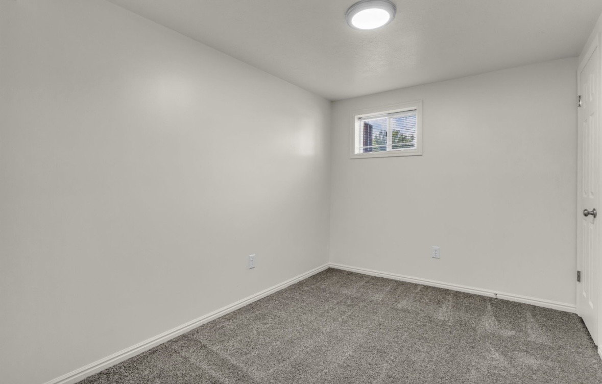 Neutral wall paint and grey carpeting define this room, featuring a single window and an overhead flush-mount light fixture