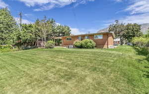Expansive grassy yard area with mature perimeter trees and a brick-sided residence